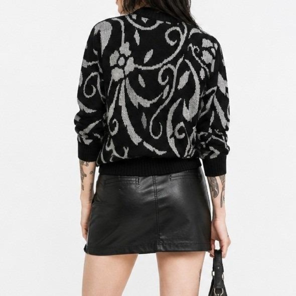 Vintage Metallic Floral Knit Sweater Black Silver Mock Neck Relaxed Fit Womens M - Picture 2 of 4
